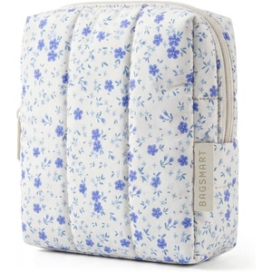 BAGSMART Puffy Padded Travel Makeup Bag Duo Large & Small for Women, Black(11-Blue Ditsy Floral)