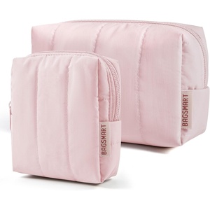 BAGSMART Puffy Padded Travel Makeup Bag Duo Large & Small for Women, Black(12-Baby Pink)