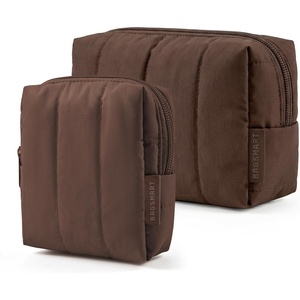 BAGSMART Puffy Padded Travel Makeup Bag Duo Large & Small for Women, Black(16-Chocolate)
