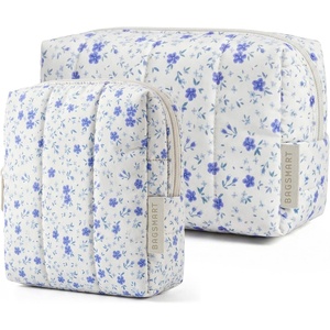 BAGSMART Puffy Padded Travel Makeup Bag Duo Large & Small for Women, Black(18-Blue Ditsy Floral)