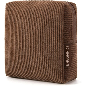 BAGSMART Small Corduroy Makeup Bag, Cosmetic Pouch for Women with Pocket(01-Coffee Brown Mini)