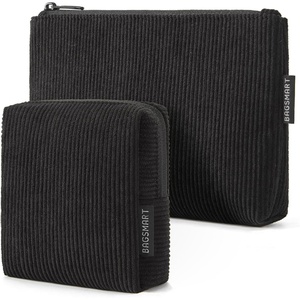 BAGSMART Small Corduroy Makeup Bag, Cosmetic Pouch for Women with Pocket(02-Black Set)