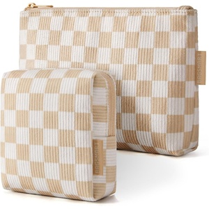 BAGSMART Small Corduroy Makeup Bag, Cosmetic Pouch for Women with Pocket(02-Khaki Checkered Print Set)