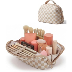 BAGSMART Travel Makeup Bag, Fold-Down Cosmetic Pouch for Women, Pink(Khaki Brown checkered Print)