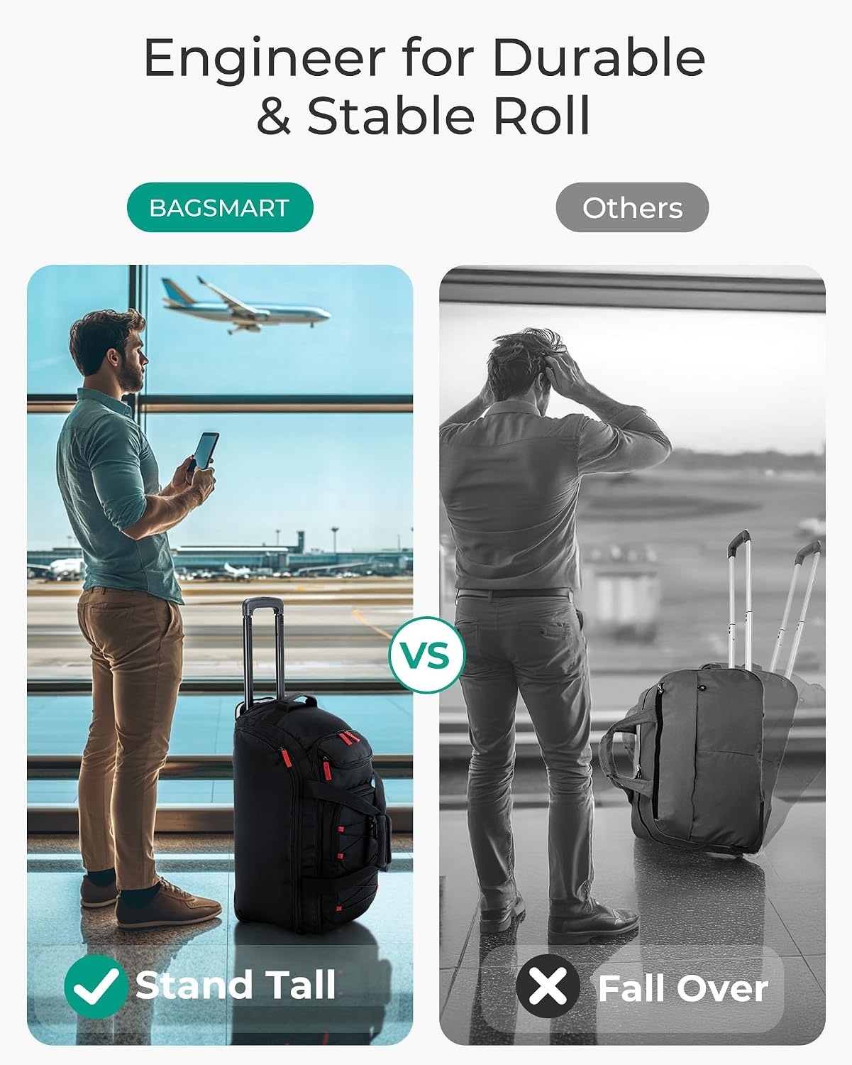 image:imageBAGSMART Rolling Duffle Bag with Wheels 36L Travel Bag with Waterproof Pockets AirlineApproved Carry On Duffel Bag with Handle Clame