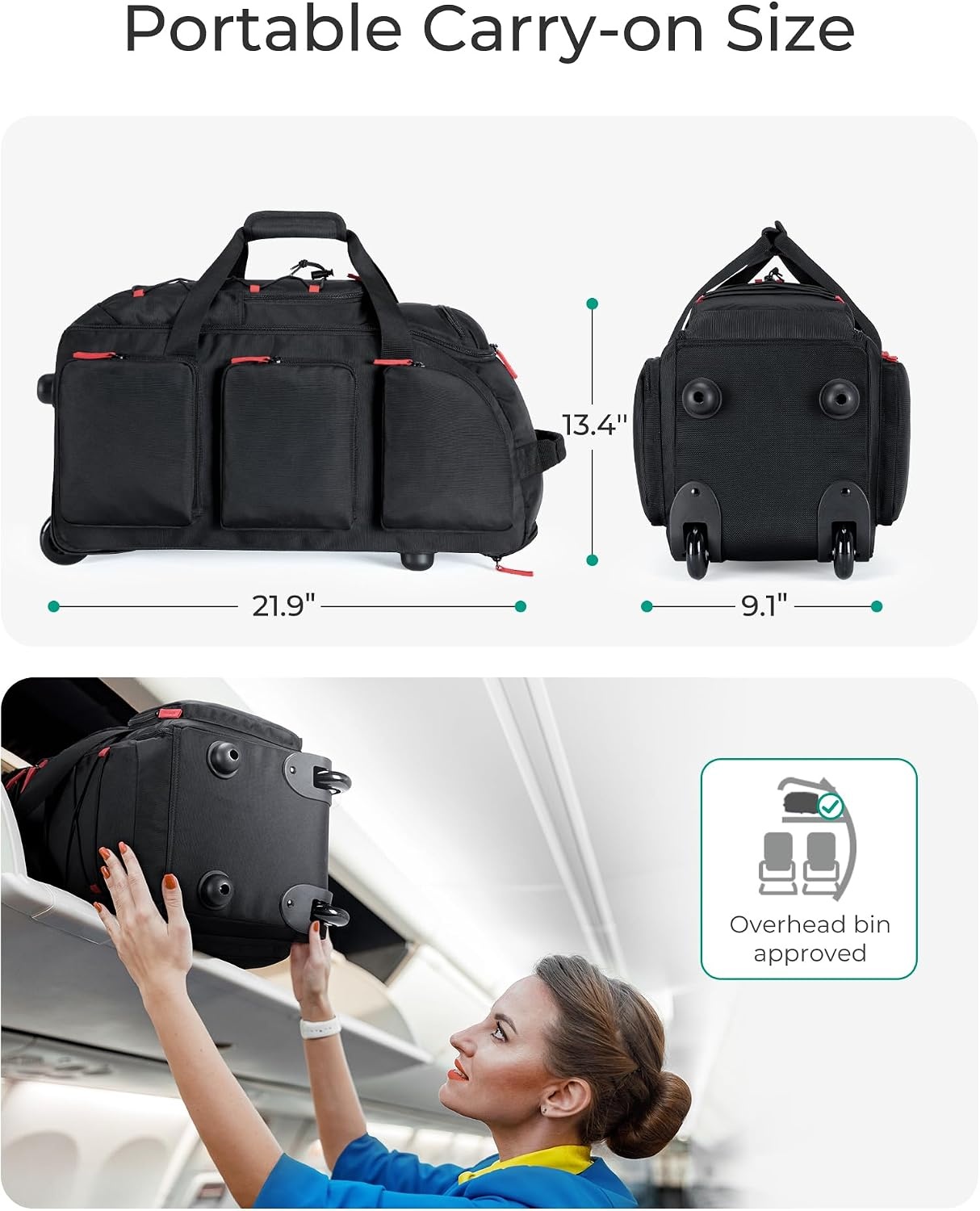 image:imageBAGSMART Rolling Duffle Bag with Wheels 36L Travel Bag with Waterproof Pockets AirlineApproved Carry On Duffel Bag with Handle Clame