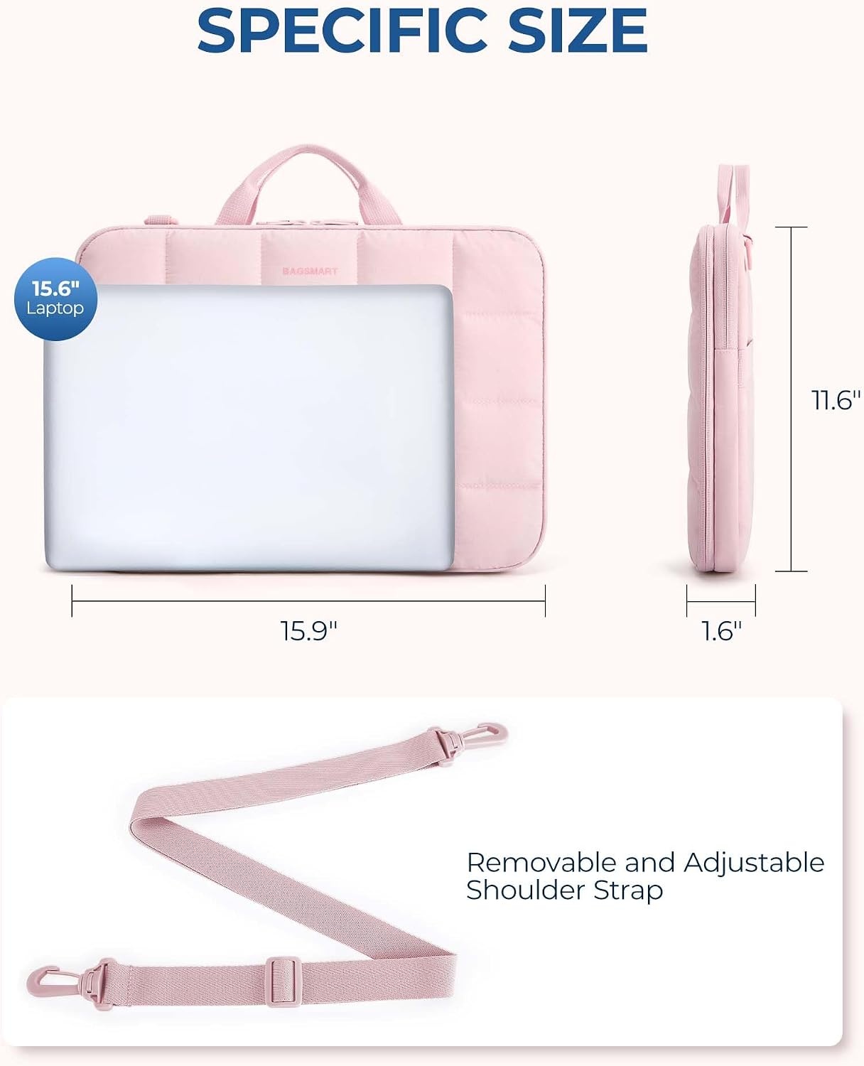 image:imageBAGSMART Laptop Case with Handle Puffy Laptop Sleeve Bag for WomenPinkshoulder Strap