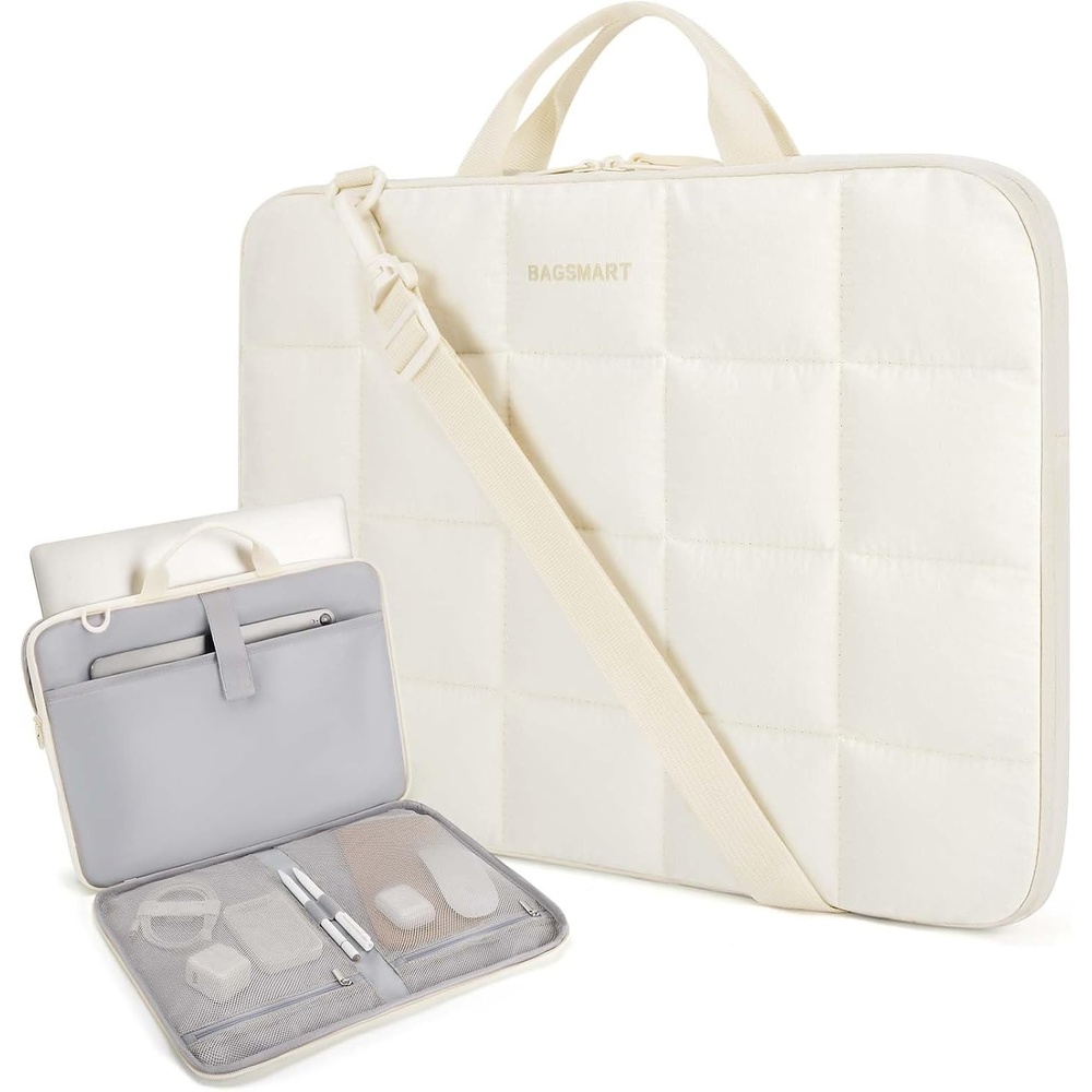 image:imageBAGSMART Laptop Case with Handle Puffy Laptop Sleeve Bag for WomenBeigeshoulder Strap