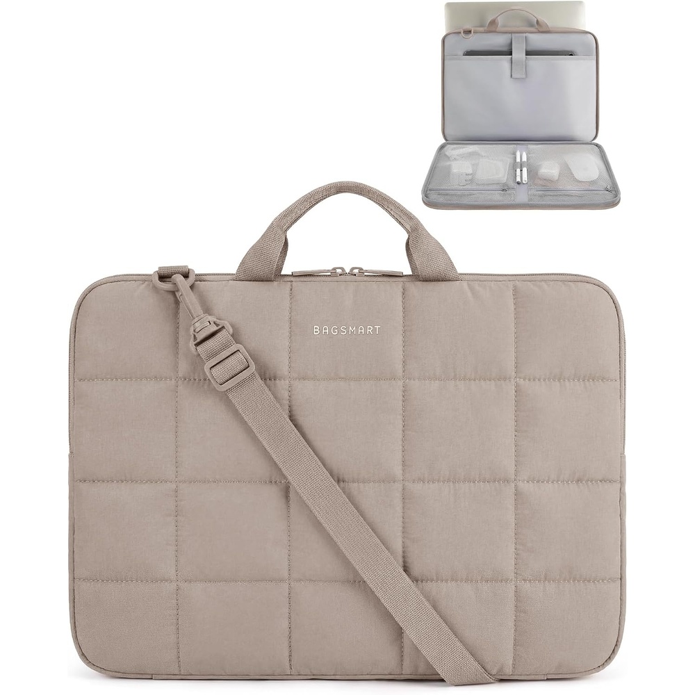 image:imageBAGSMART Laptop Case with Handle Puffy Laptop Sleeve Bag for WomenBrownshoulder Strap