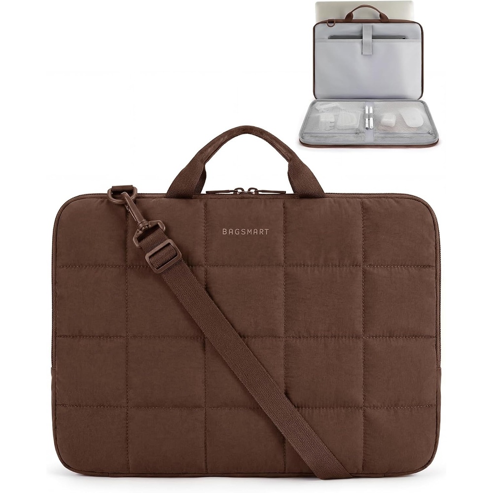 image:imageBAGSMART Laptop Case with Handle Puffy Laptop Sleeve Bag for WomenCoffee Brownshoulder Strap