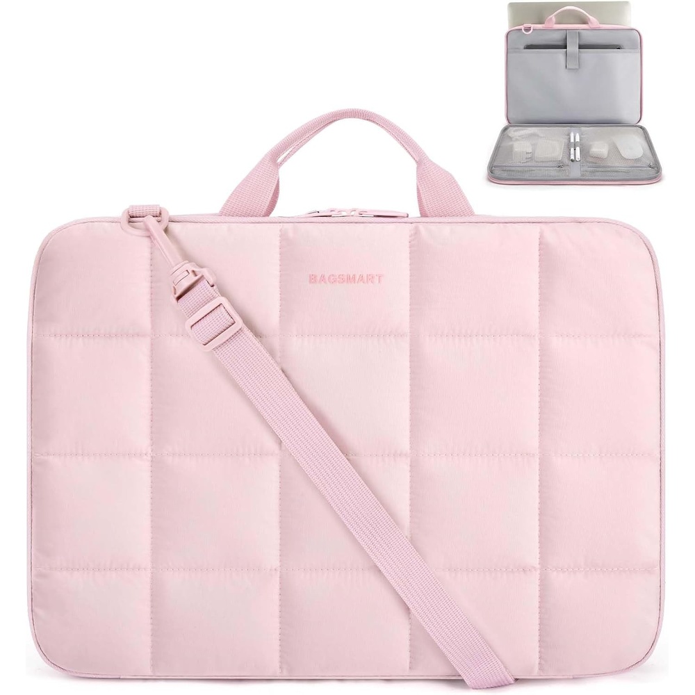 image:imageBAGSMART Laptop Case with Handle Puffy Laptop Sleeve Bag for WomenPinkshoulder Strap