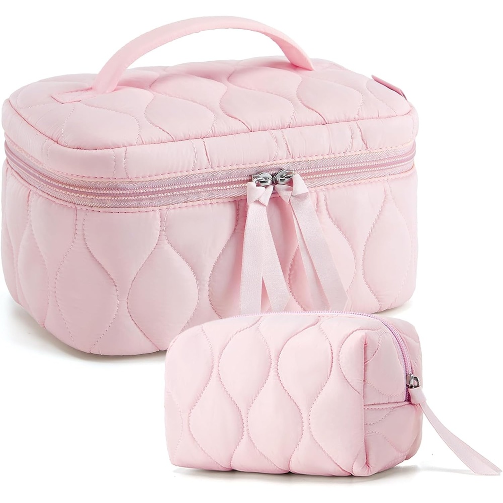 image:imageBAGSMART Travel Makeup Bag 2Piece Puffy Quilted Cute Make Up Bag Cosmetic Bags for Women Large WideOpen Toiletry Pouch Gifts for Toiletries Accessories Travelling Essentials Pink