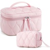 BAGSMART Travel Makeup Bag, 2-Piece Puffy Quilted Cute Make Up Bag Cosmetic Bags for Women, Large Wide-Open Toiletry Pouch Gifts for Toiletries Accessories Travelling Essentials, Pink