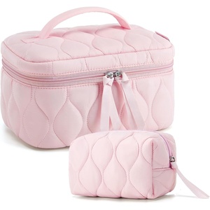 BAGSMART Travel Makeup Bag, 2-Piece Puffy Quilted Cute Make Up Bag Cosmetic Bags for Women, Large Wide-Open Toiletry Pouch Gifts for Toiletries Accessories Travelling Essentials, Pink