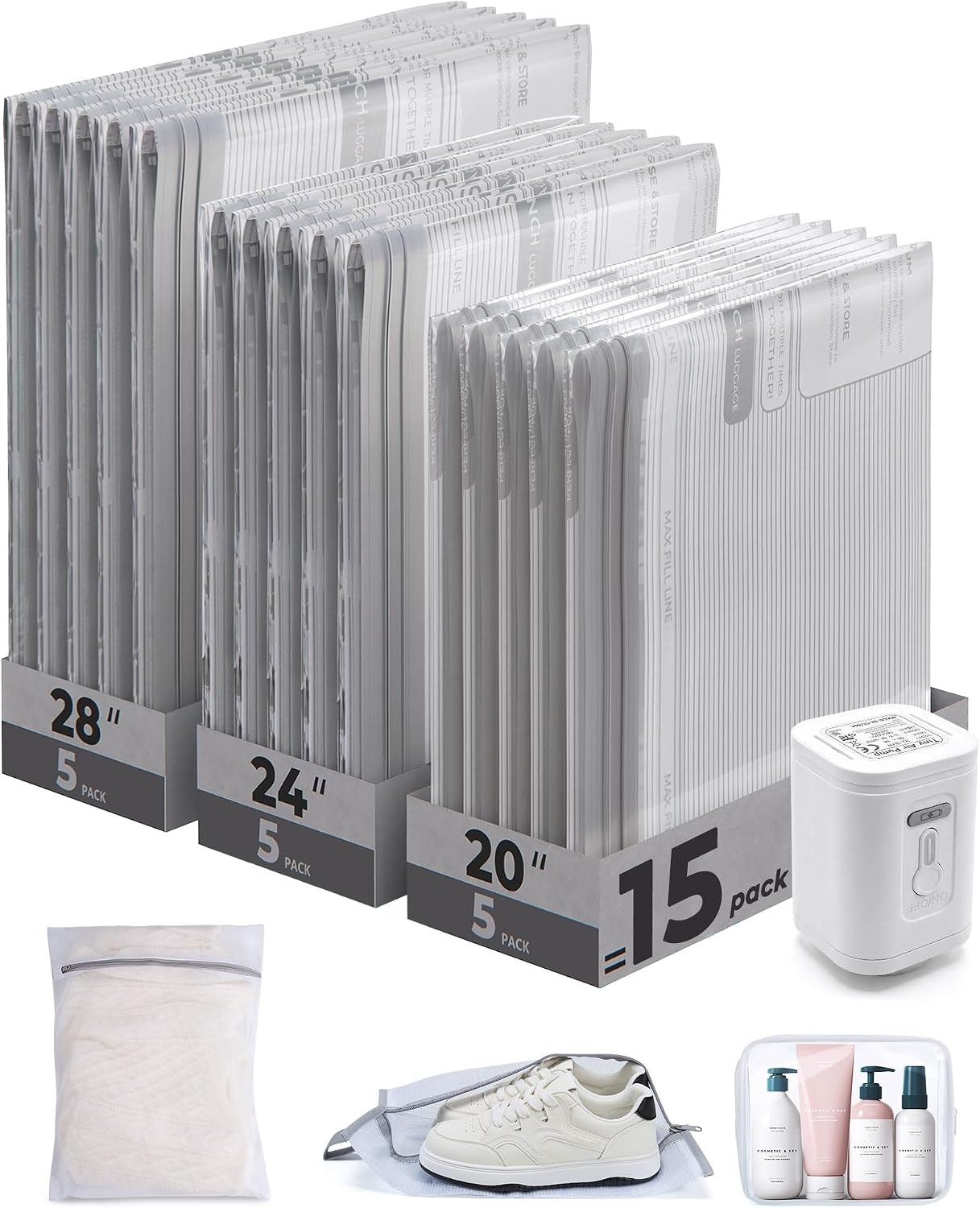 image:imageBAGSMART Travel Vacuum Bags with Rechargeable Electric Pump 18PC KitGrayTravel Size