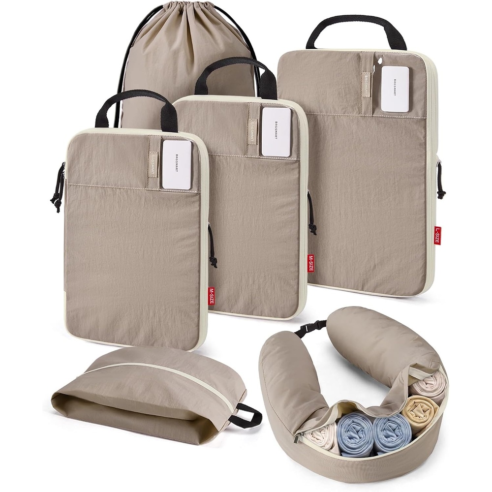 image:imageBAGSMART 6 Set Compression Packing Cubes with Fillable Neck PillowBrown