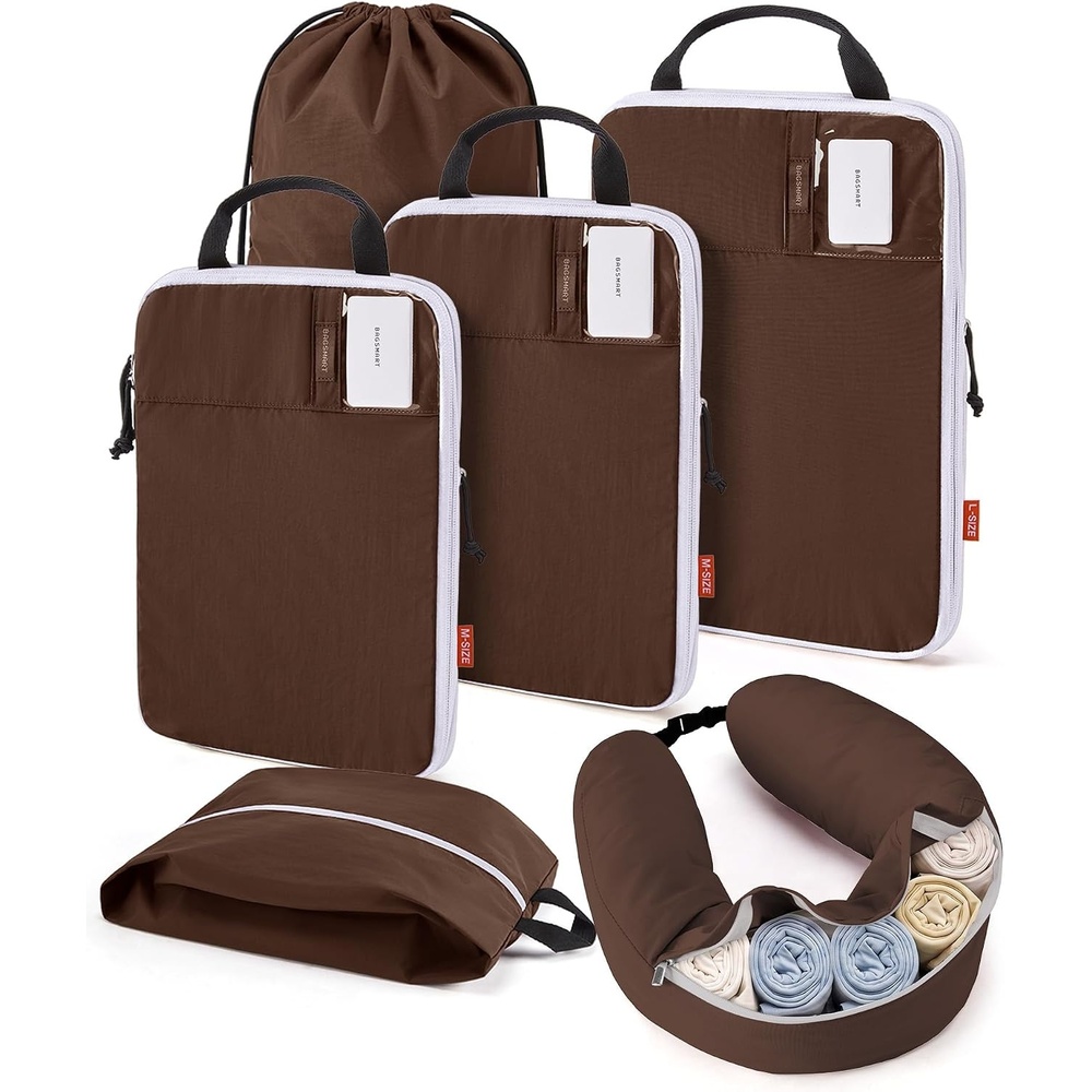 image:imageBAGSMART 6 Set Compression Packing Cubes with Fillable Neck PillowCoffee Brown