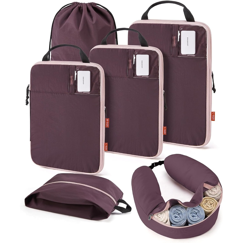image:imageBAGSMART 6 Set Compression Packing Cubes with Fillable Neck PillowCrimson Purple