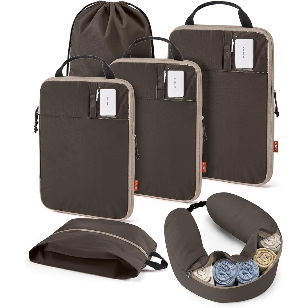 image:imageBAGSMART 6 Set Compression Packing Cubes with Fillable Neck PillowGrey
