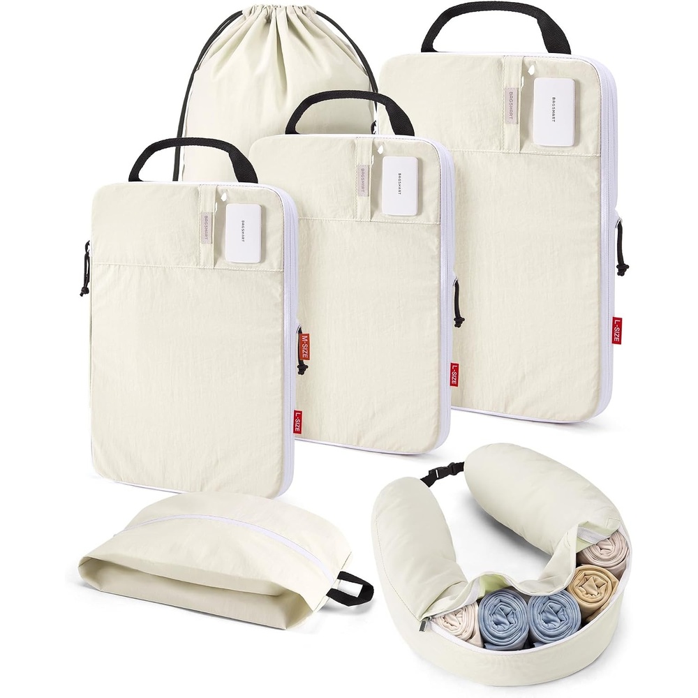 image:imageBAGSMART 6 Set Compression Packing Cubes with Fillable Neck PillowLight Beige