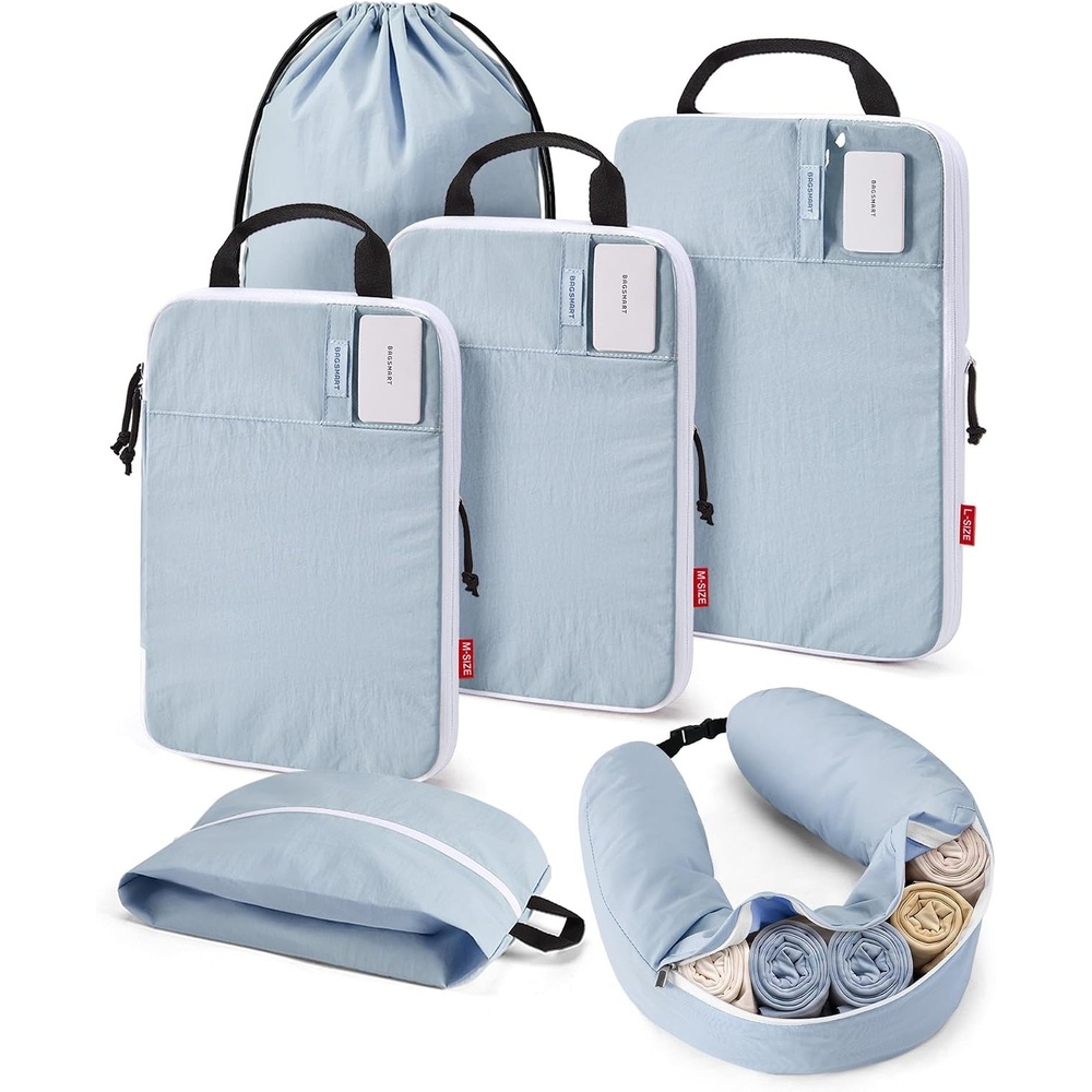 image:imageBAGSMART 6 Set Compression Packing Cubes with Fillable Neck PillowLight Blue