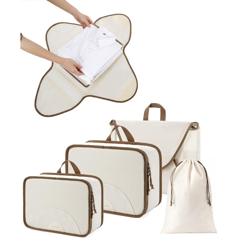 image:imageBAGSMART Garment Folder Packing Cubes for Travel 4 Set Lightweight Travel Cubes for Wrinkle Free Durable Suitcase Organizers Bag Set for Travel Essentials White Opal