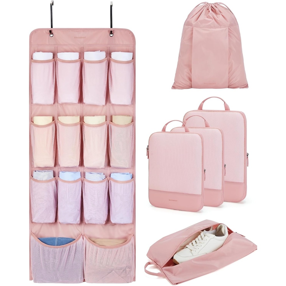 image:imageBAGSMART Hanging Compression Packing Cubes 6 Set Cruise Travel EssentialsBaby Pink