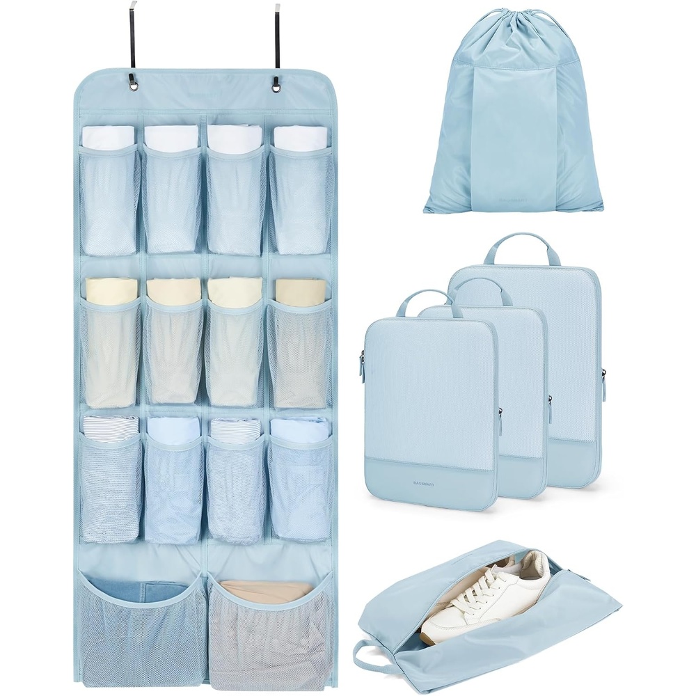 image:imageBAGSMART Hanging Compression Packing Cubes 6 Set Cruise Travel EssentialsLight Blue