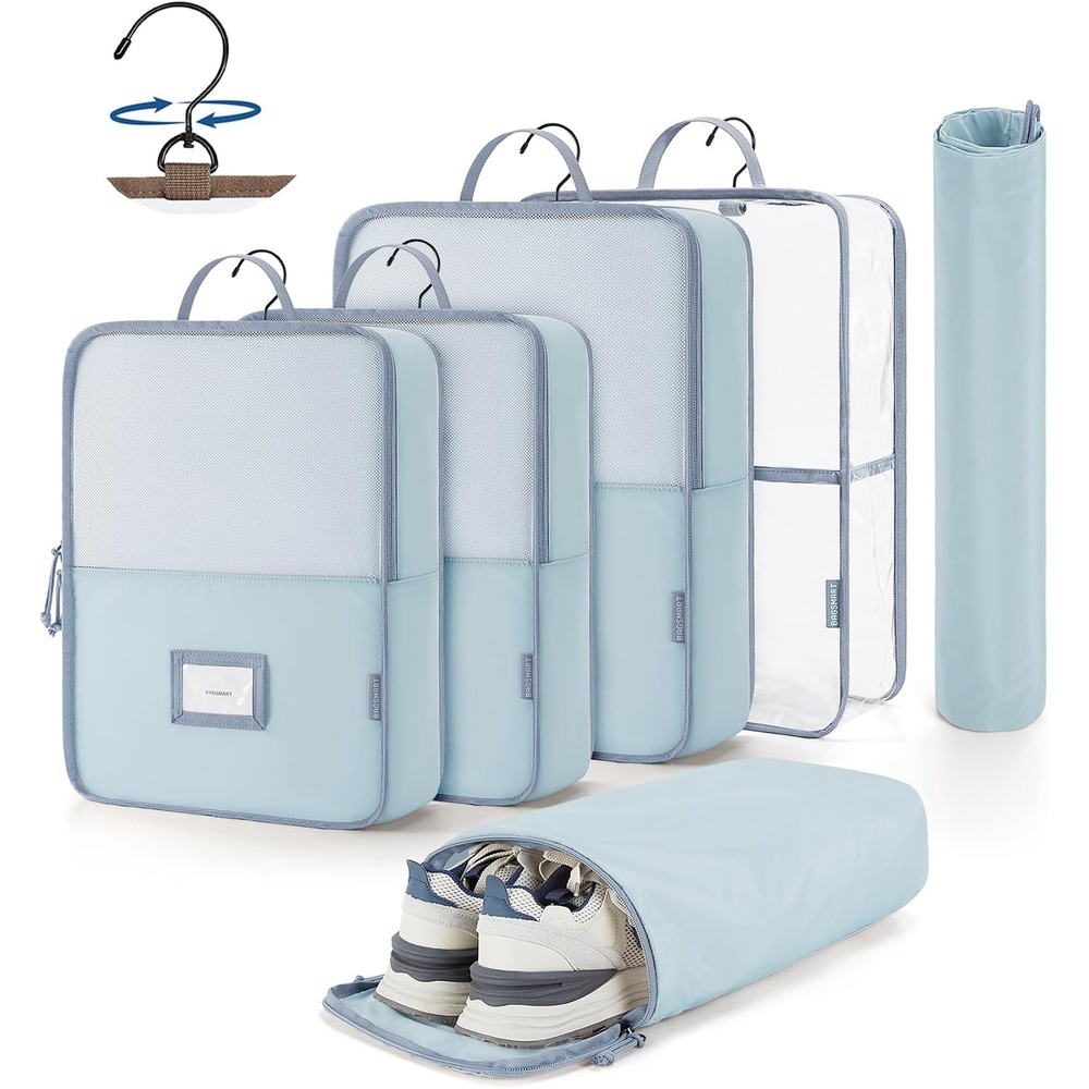 image:imageBAGSMART Hanging Packing Cubes for Travel 6 Set Clear Waterproof Packing Cubes for Suitcases Storage Organizer for Hanging Closet with Zipper Handles and Hook Sky Blue