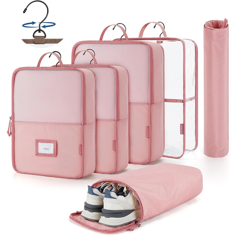 image:imageBAGSMART Hanging Packing Cubes for Travel 6 Set Clear Waterproof Packing Cubes for Suitcases Storage Organizer for Hanging Closet with Zipper Handles and Hook Baby Pink