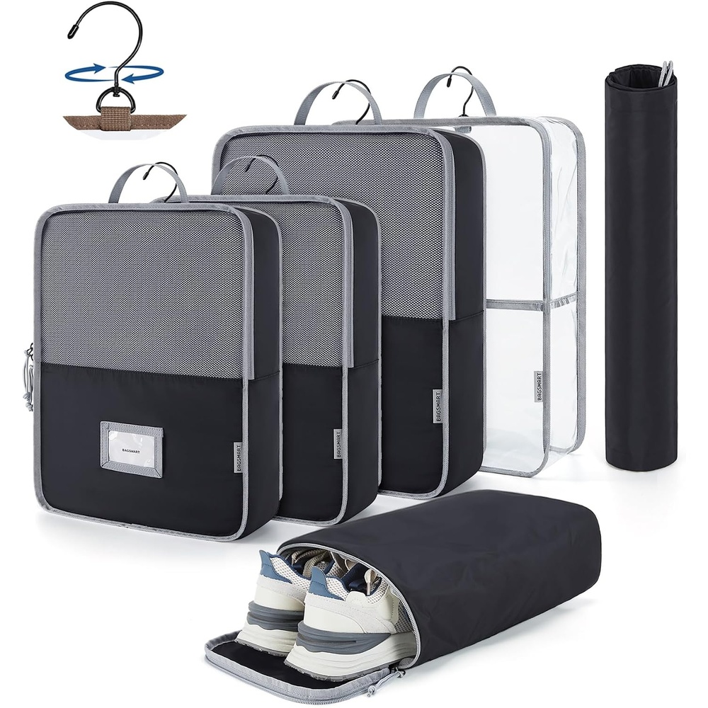 image:imageBAGSMART Hanging Packing Cubes for Travel 6 Set Clear Waterproof Packing Cubes for Suitcases Storage Organizer for Hanging Closet with Zipper Handles and Hook Black