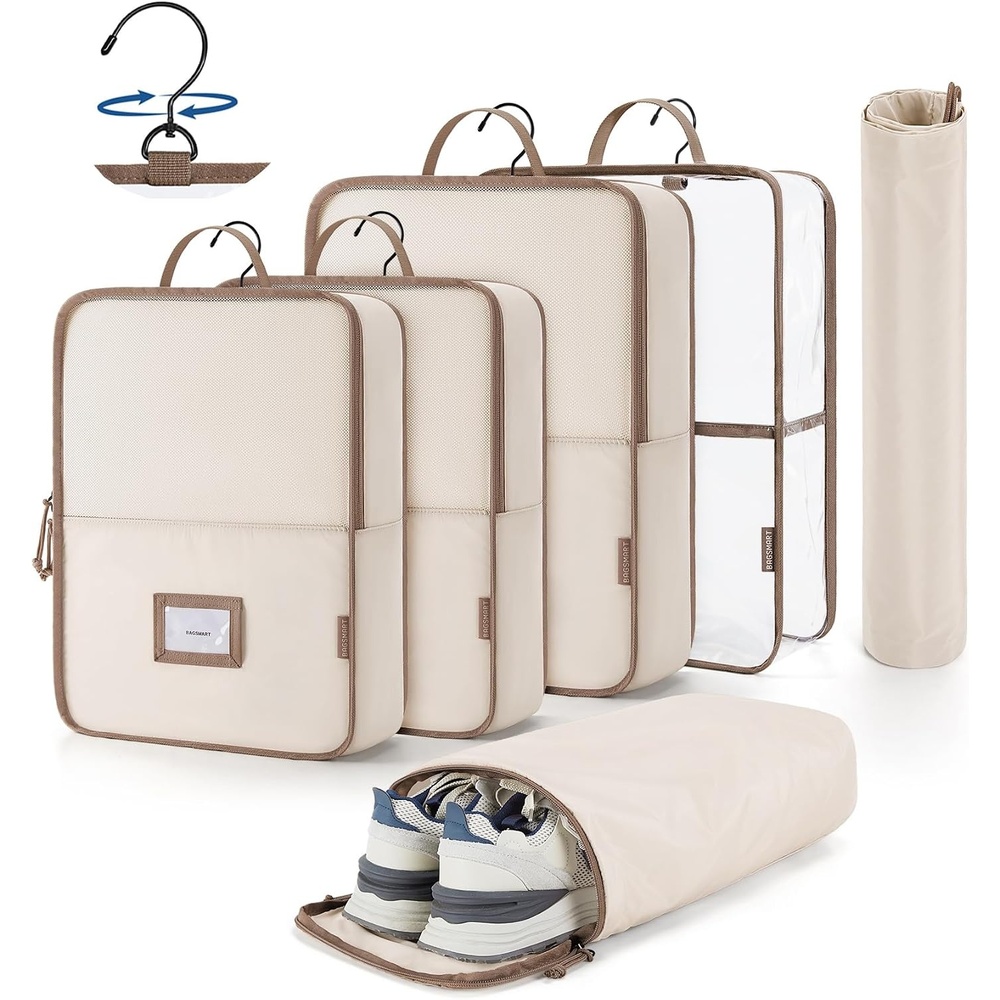 image:imageBAGSMART Hanging Packing Cubes for Travel 6 Set Clear Waterproof Packing Cubes for Suitcases Storage Organizer for Hanging Closet with Zipper Handles and Hook White Opal