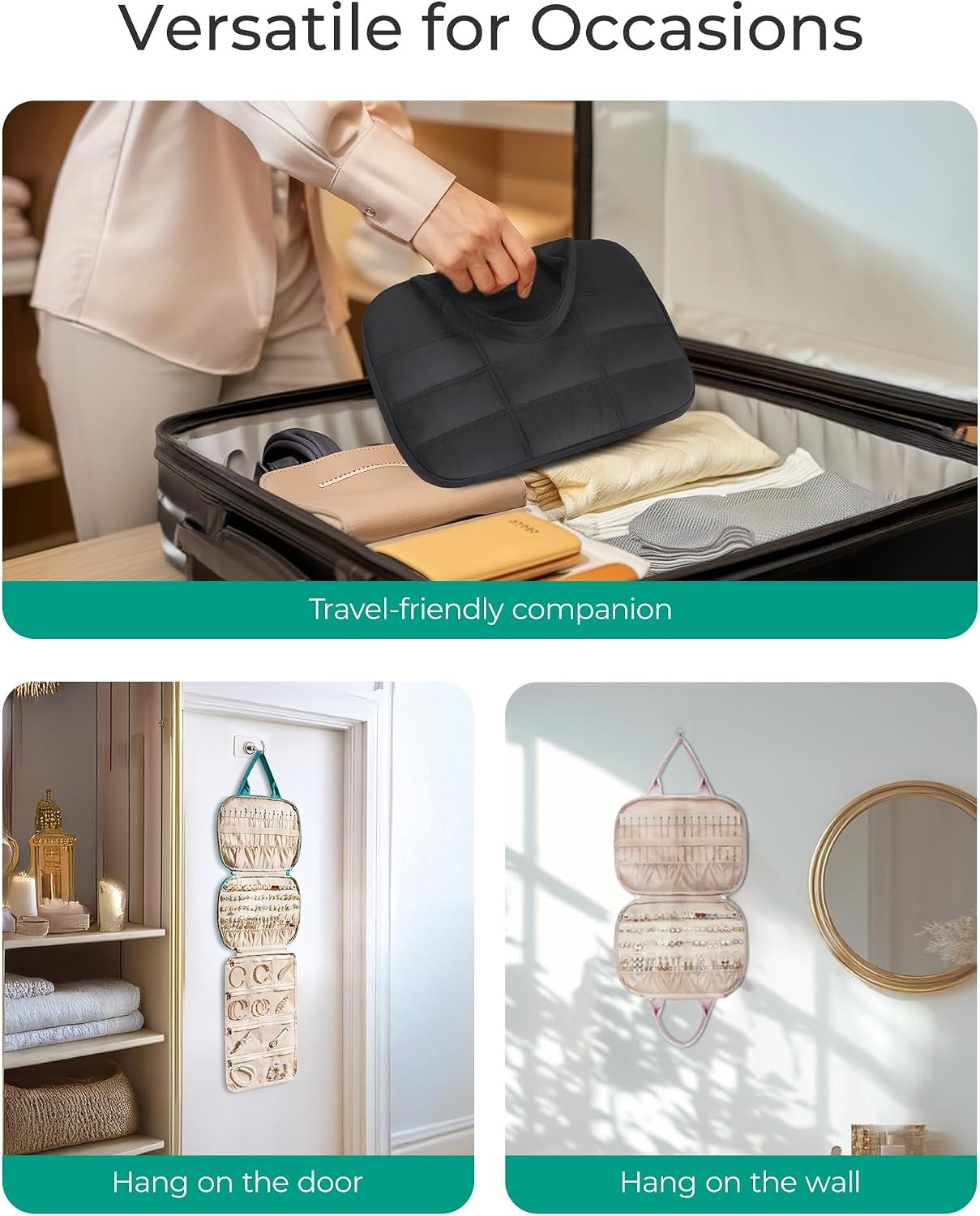 image:imageBAGSMART Travel Jewelry Case Hanging Jewelry Organizer with Zipper Pockets Large Capacity Puffy Jewelry Roll for Earrings Necklaces Rings on Closet Wall Door Portable Travel Essentials PinkPink