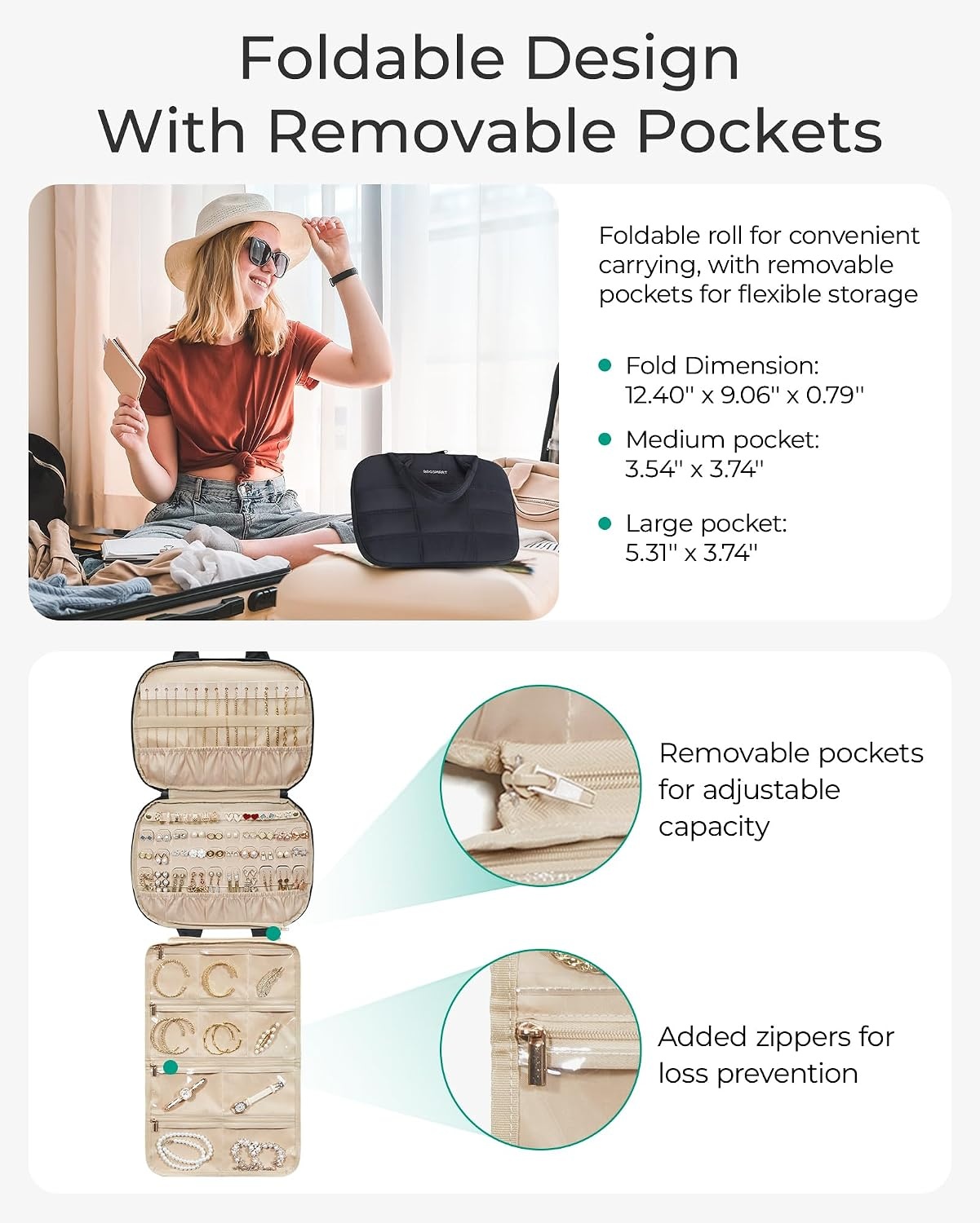 image:imageBAGSMART Travel Jewelry Case Hanging Jewelry Organizer with Zipper Pockets Large Capacity Puffy Jewelry Roll for Earrings Necklaces Rings on Closet Wall Door Portable Travel Essentials PinkPink