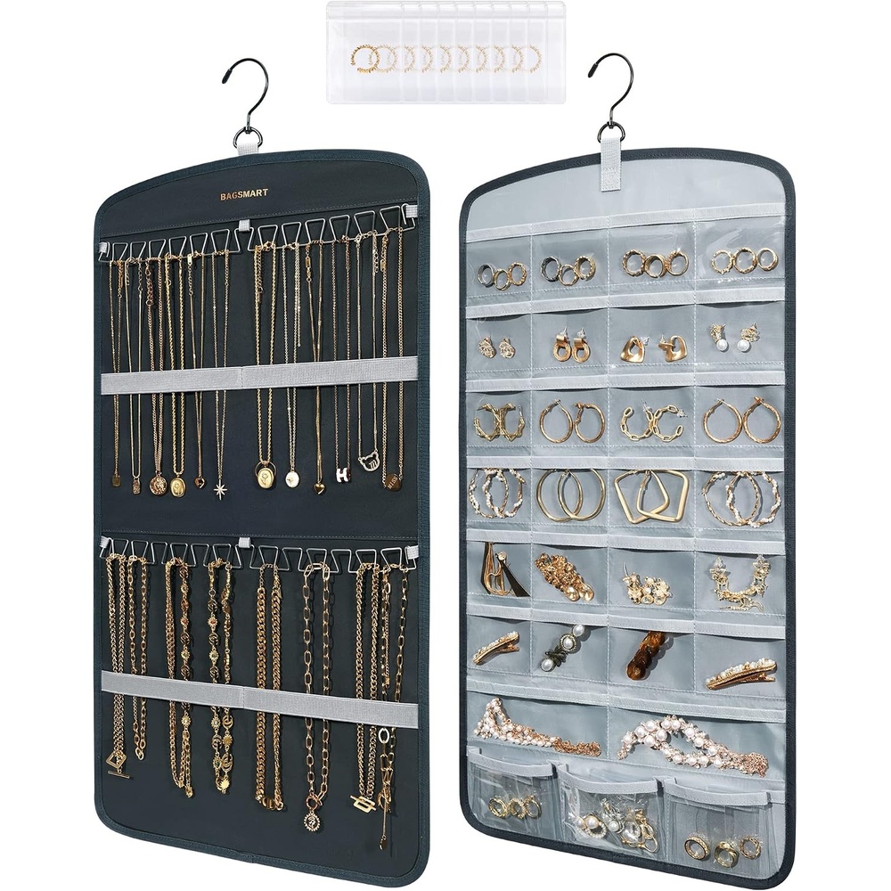 image:imageBAGSMART Hanging Jewelry Organizer Storage with Hanger Metal Hooks DoubleSided Jewelry Holder for Earrings Necklaces Rings on Closet Wall Door 1 piece Large BlackGrey