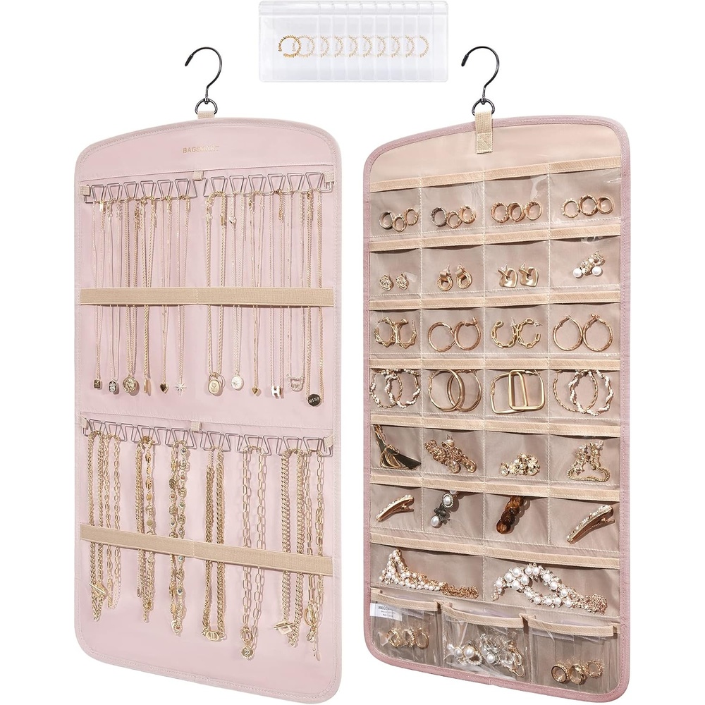 image:imageBAGSMART Hanging Jewelry Organizer Storage with Hanger Metal Hooks DoubleSided Jewelry Holder for Earrings Necklaces Rings on Closet Wall Door 1 piece Large BlackPink