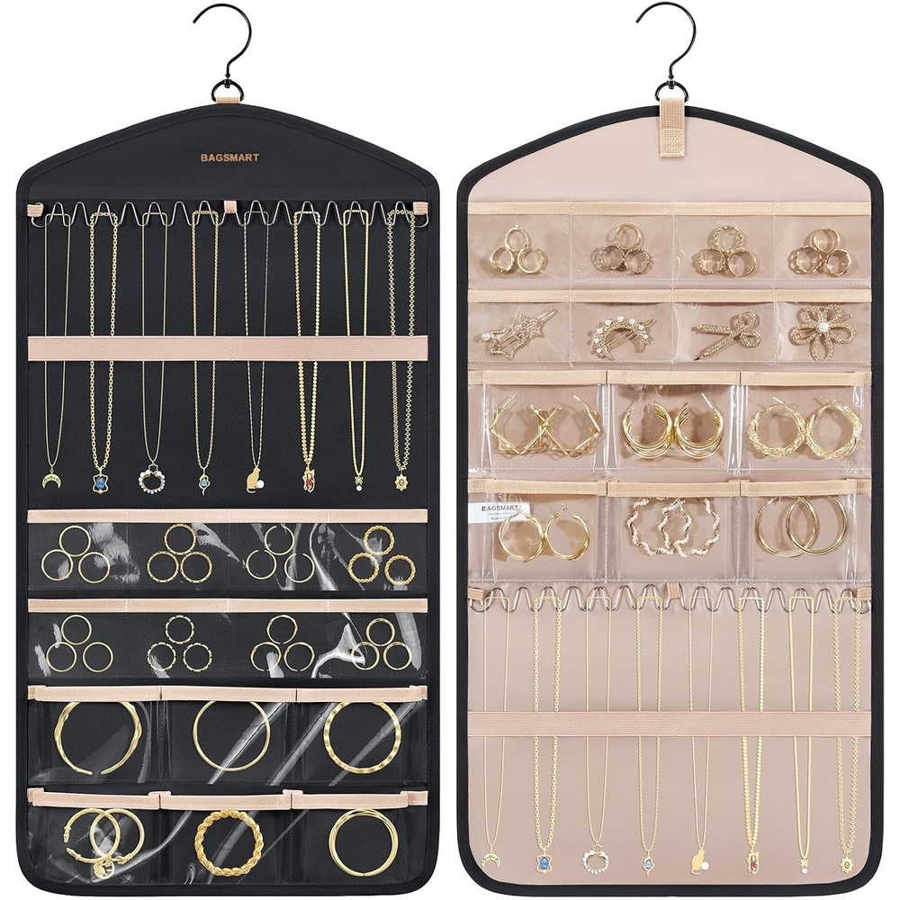 image:imageBAGSMART Hanging Jewelry Organizer with Hanger Metal Hooks DoubleSided Jewelry Holder for Organizing Earrings Necklaces Rings Perfect for in Hanging Closet Wall Door 1 Piece Large BlackB1Black