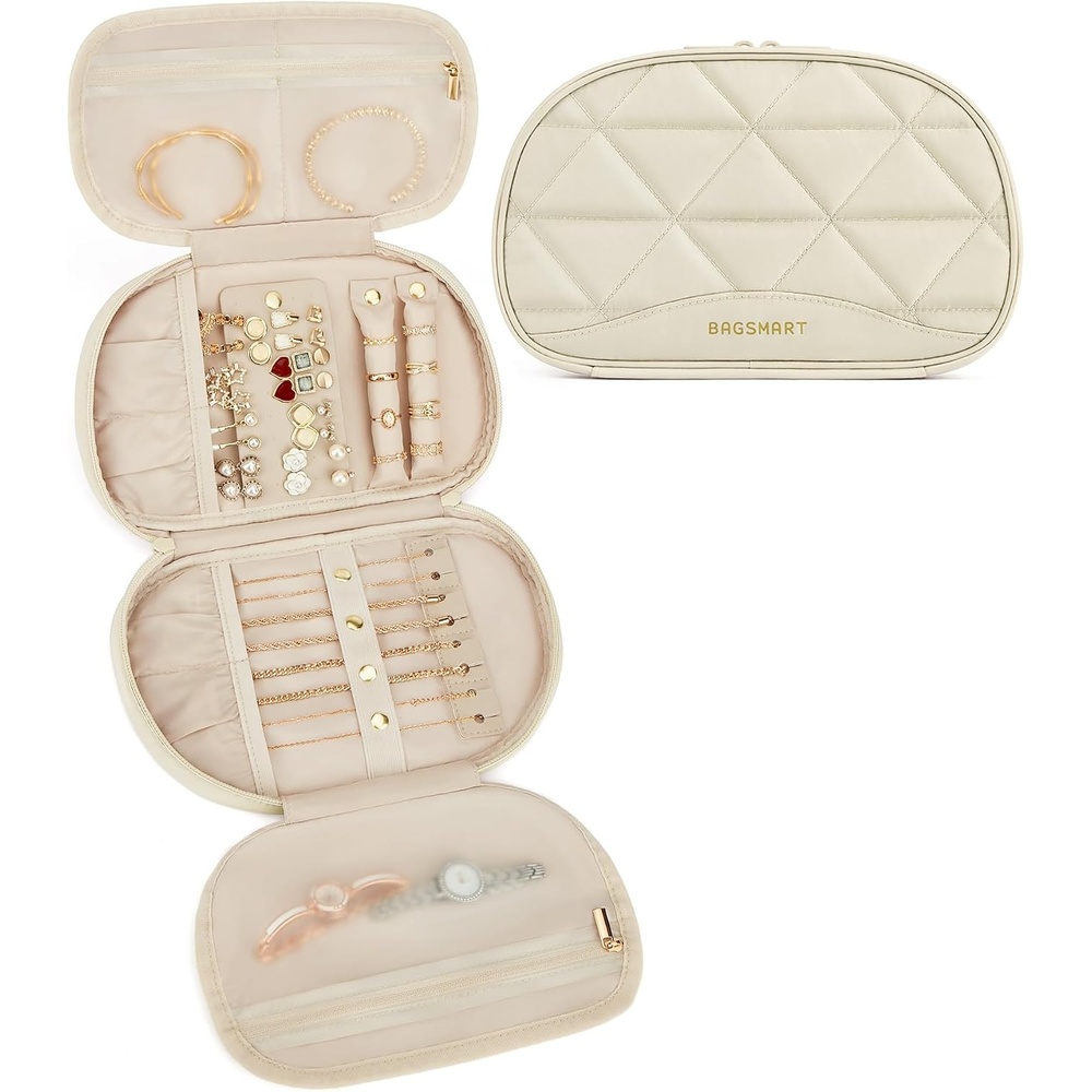 image:imageBAGSMART Travel Jewelry Case Jewelry Organizer Storage Roll Rings Necklaces Earrings Bracelets Brooches Watch Large Portable Light PinkABeige
