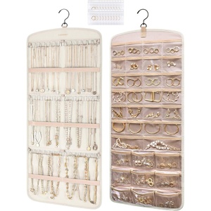 BAGSMART Hanging Jewelry Organizer Storage with Hanger Metal Hooks Double-Sided Jewelry Holder for Earrings, Necklaces, Rings on Closet, Wall, Door, 1 piece Large Black(Beige)
