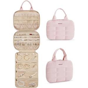 BAGSMART Travel Jewelry Case, Hanging Jewelry Organizer with Zipper Pockets, Large Capacity Puffy Jewelry Roll for Earrings, Necklaces, Rings on Closet, Wall, Door, Portable Travel Essentials, Pink(Pink)