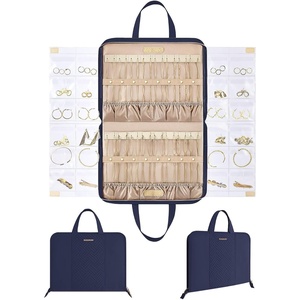 BAGSMART Travel Jewelry Organizer Case Portable Jewelry Roll Bag Tangle-free Necklace Storage Foldable Transparent Pockets for Earrings Rings Bracelet Travel Essentials Black(Dark Blue)