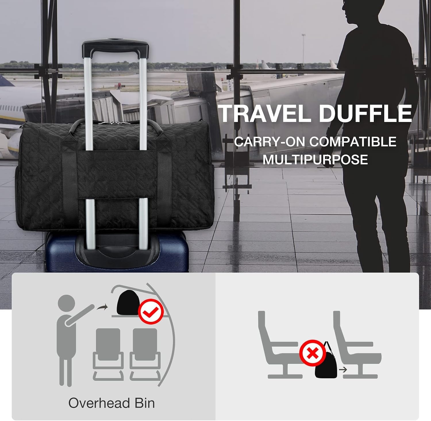 image:imageBAGSMART Black 40L Travel Duffle Bag with Shoes Compartment Carry On Weekender Overnight Bag for Men Women