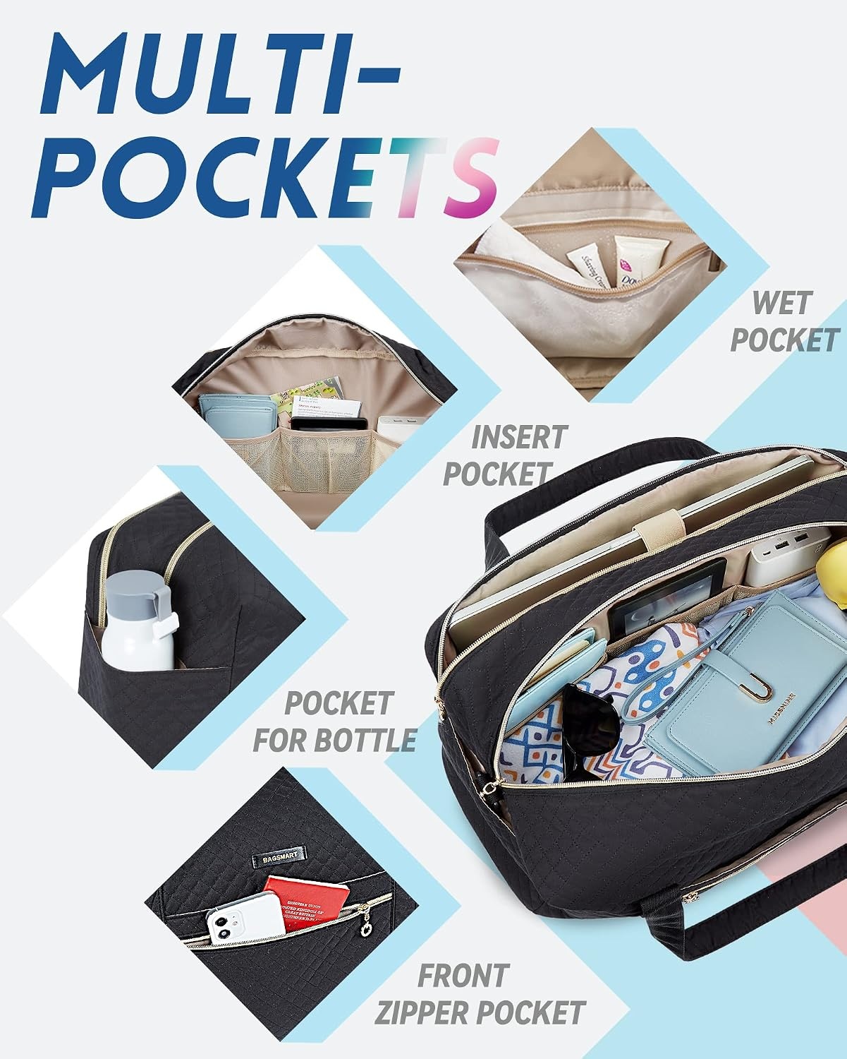 image:imageBAGSMART Duffle Bag 37L Large Carry On Weekender Overnight Bag with Wet Pocket Laptop Compartment And Shoes Bag for for Women Travel Business Trips SportsBlack
