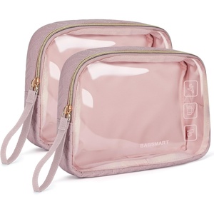BAGSMART TSA Approved Toiletry Bag, 2 Pack Clear Makeup Cosmetic Bag Organizer, Quart Size Travel Bag for Toiletries, Carry-on Travel Accessories Essentials – Pink