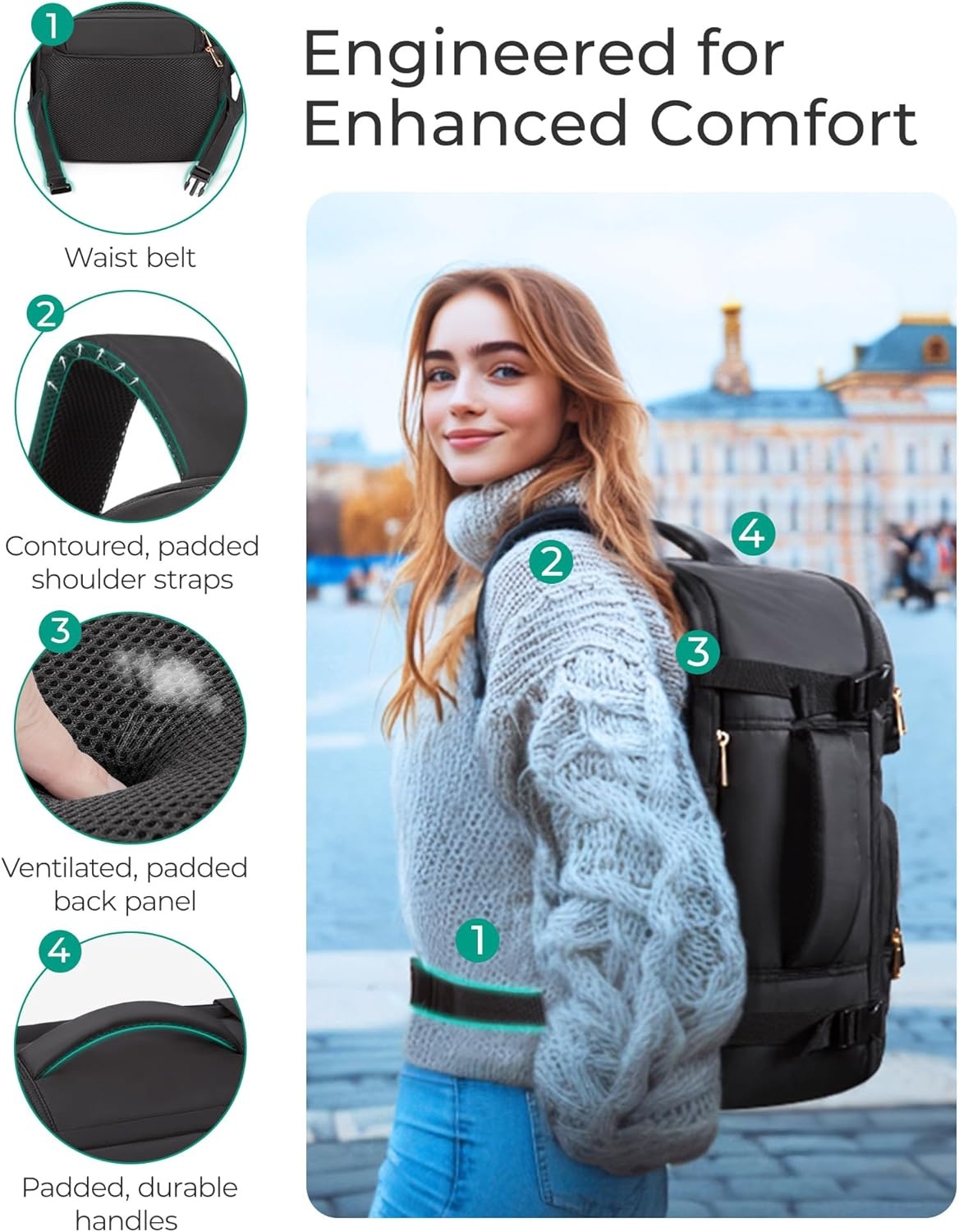 image:imageBAGSMART Womens Backpack Carry On Flight Approved Travel Backpack for Women with Waist Bag Traveling Lightweight Weekender Casual Daypack 173 Laptop Work Back pack Personal Item Travel Bag BlackBlack