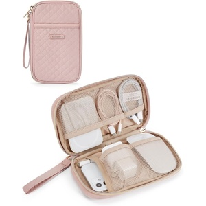 BAGSMART Electronic Cord Cable Organizer Travel Bag Case, Double Layers Tech Electronic Bag, Essentials for Charger, Cable, Phone, Flash drive, Beige(Single Layer Quilted Pink)