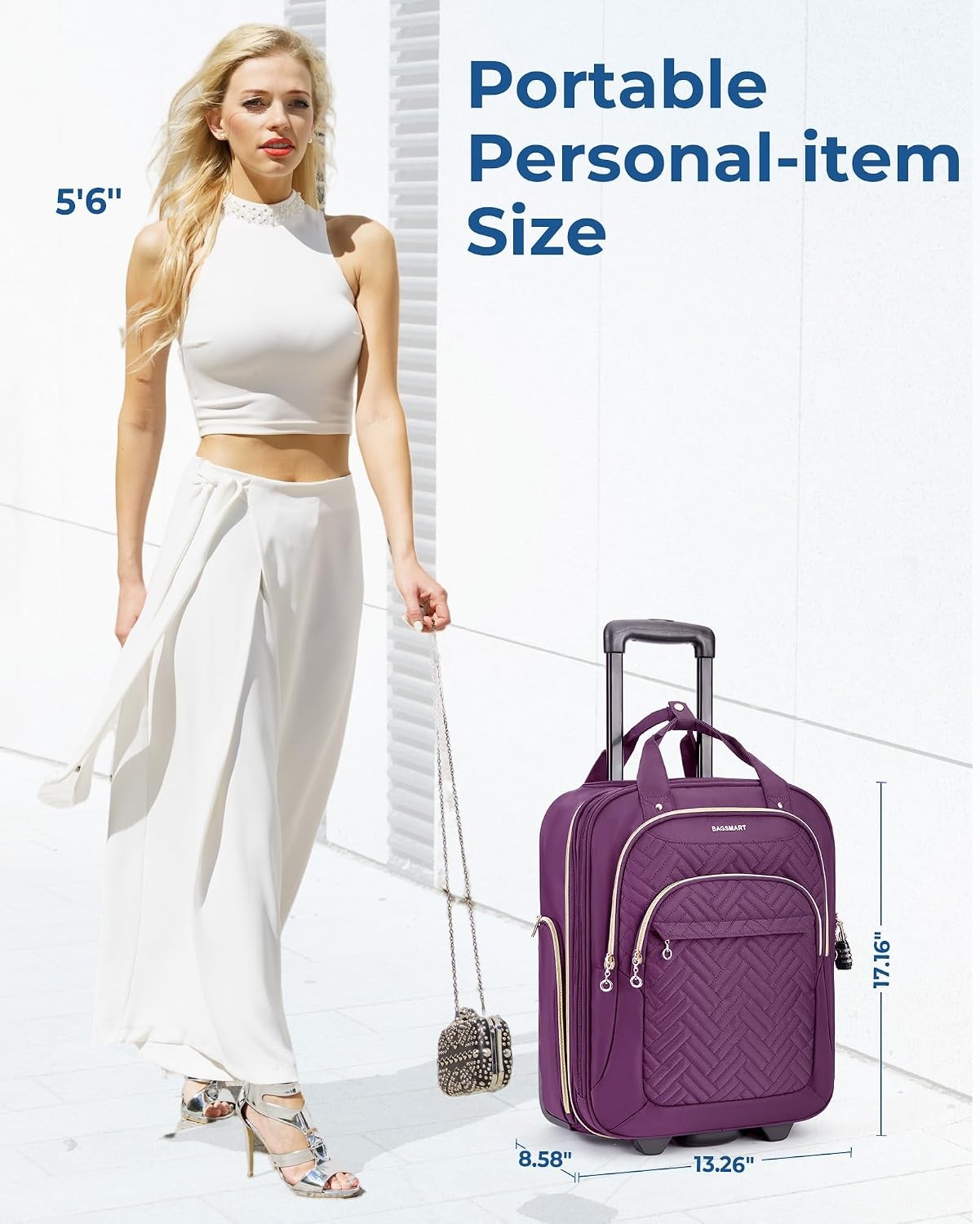 image:imageBAGSMART Underseat Carry On Luggage16 Softside Suitcase with Wheels BlackPurple