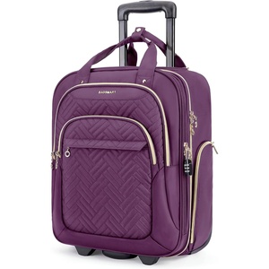 BAGSMART Underseat Carry On Luggage,16″ Softside Suitcase with Wheels, Black(Purple)
