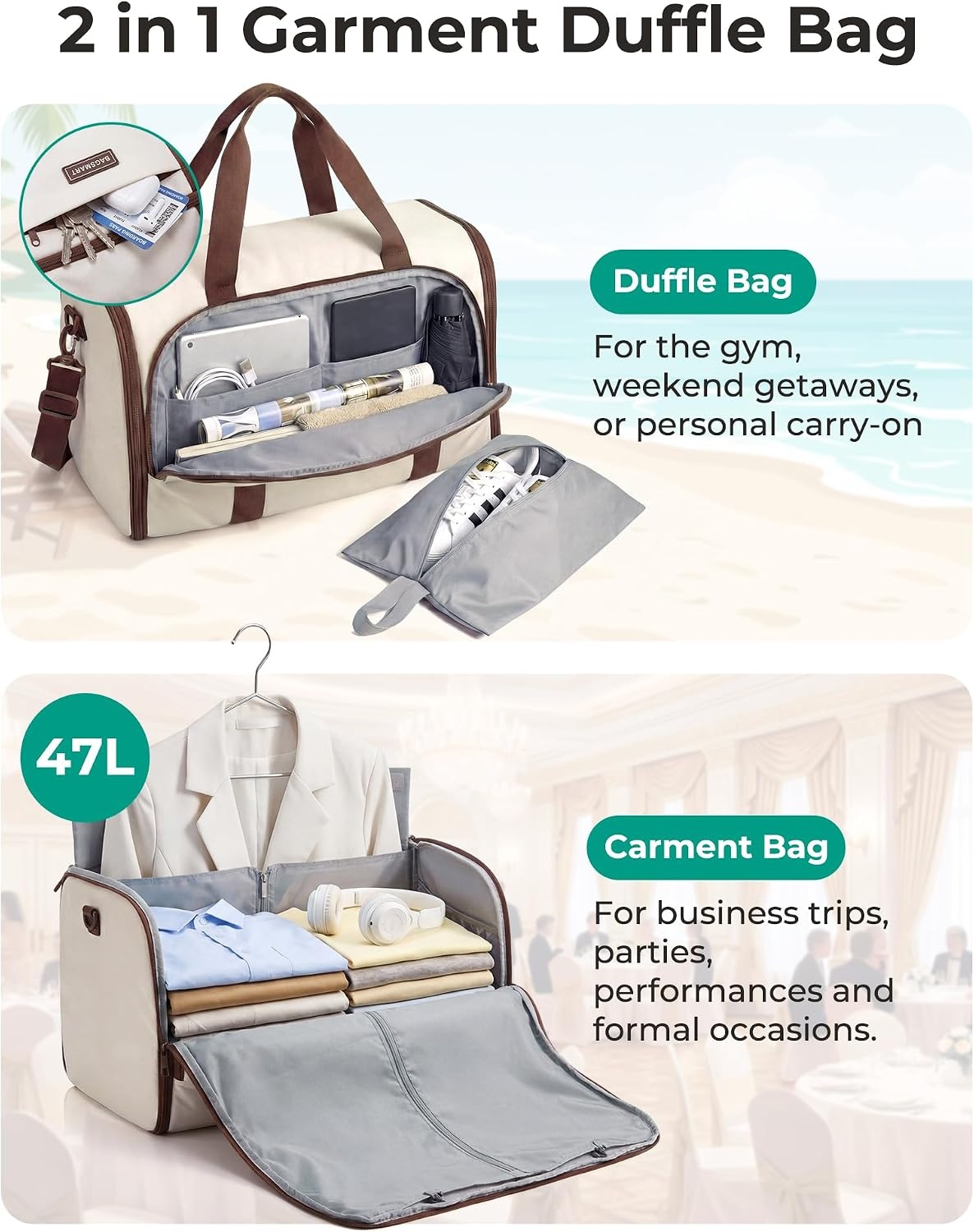 image:imageBAGSMART 2in1 Garment Duffle Bag with with Shoes Bag WhiteBlack