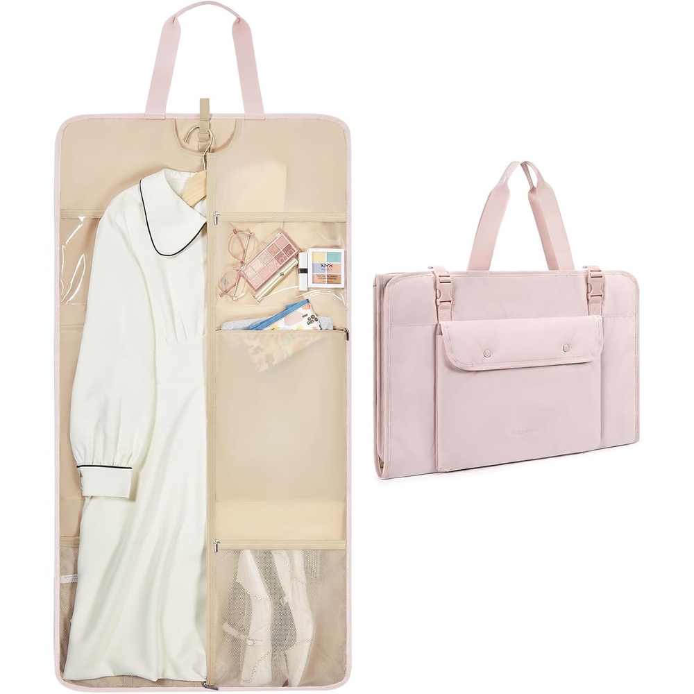 image:imageBAGSMART Garment Bags for Travel Foldable Carry on Suit Carrier for Hanging Clothes Stylish Dress Carrier Large Convertible Weekender Garment Bags for Women MenPuffy Light Pink